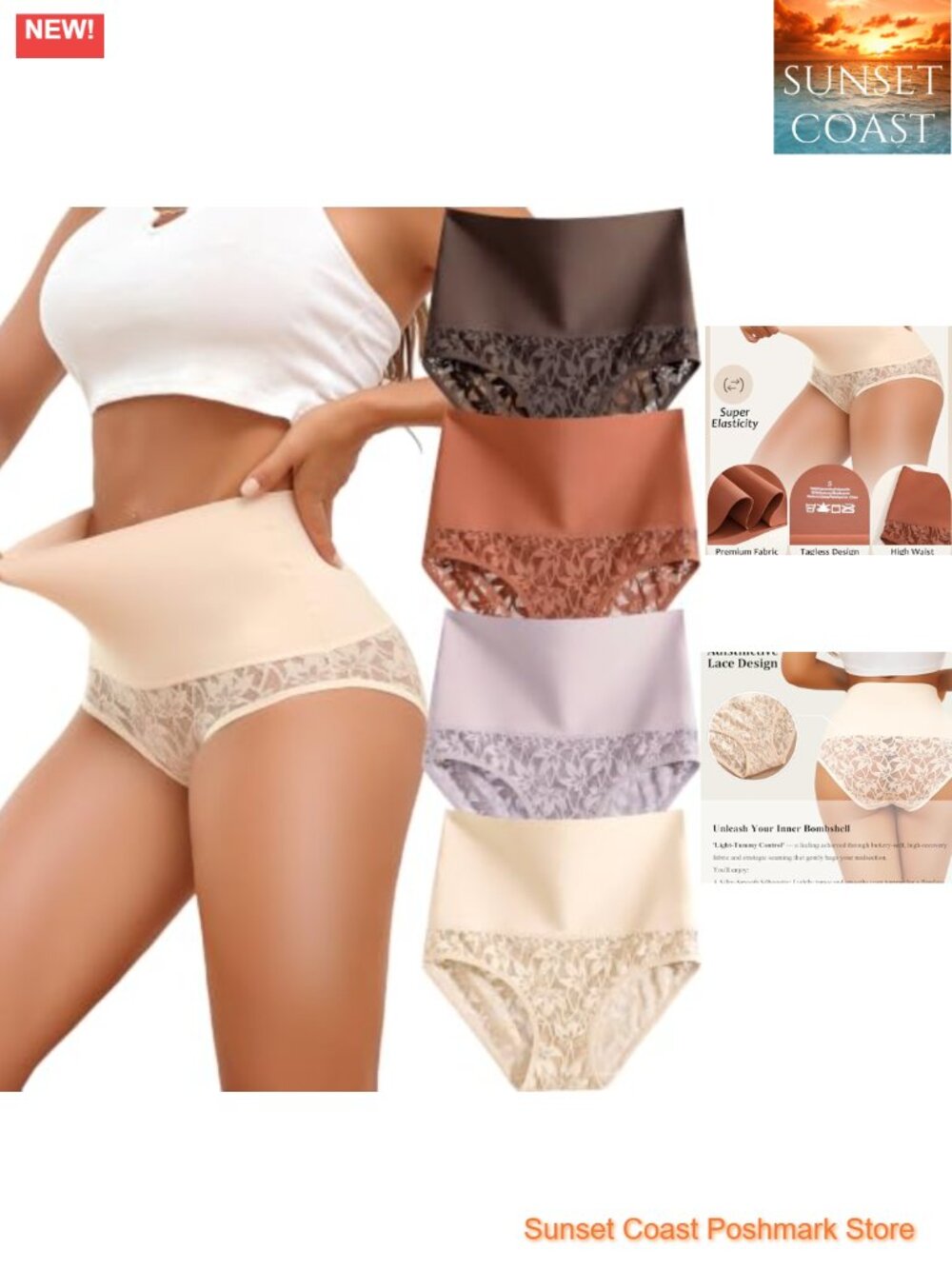 Womens Seamless High Waist Tummy Control Lace Shapewear Underwear